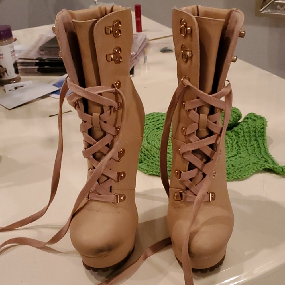 Nude platform heel boots